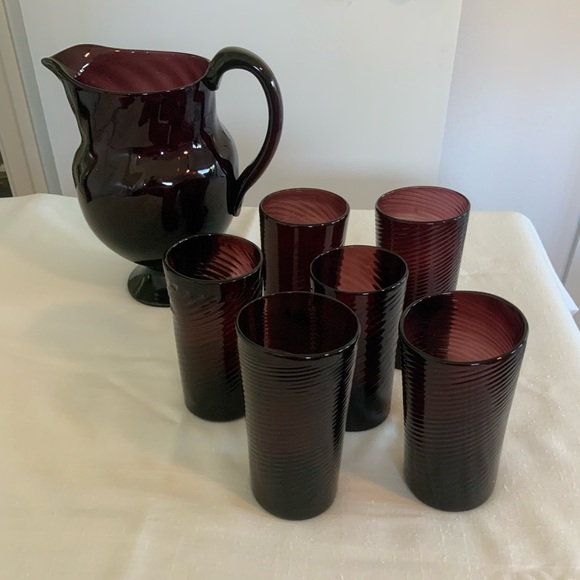 Antique black Amethyst hand blown glass pitcher & 6 glasses, bottom rough Pontil